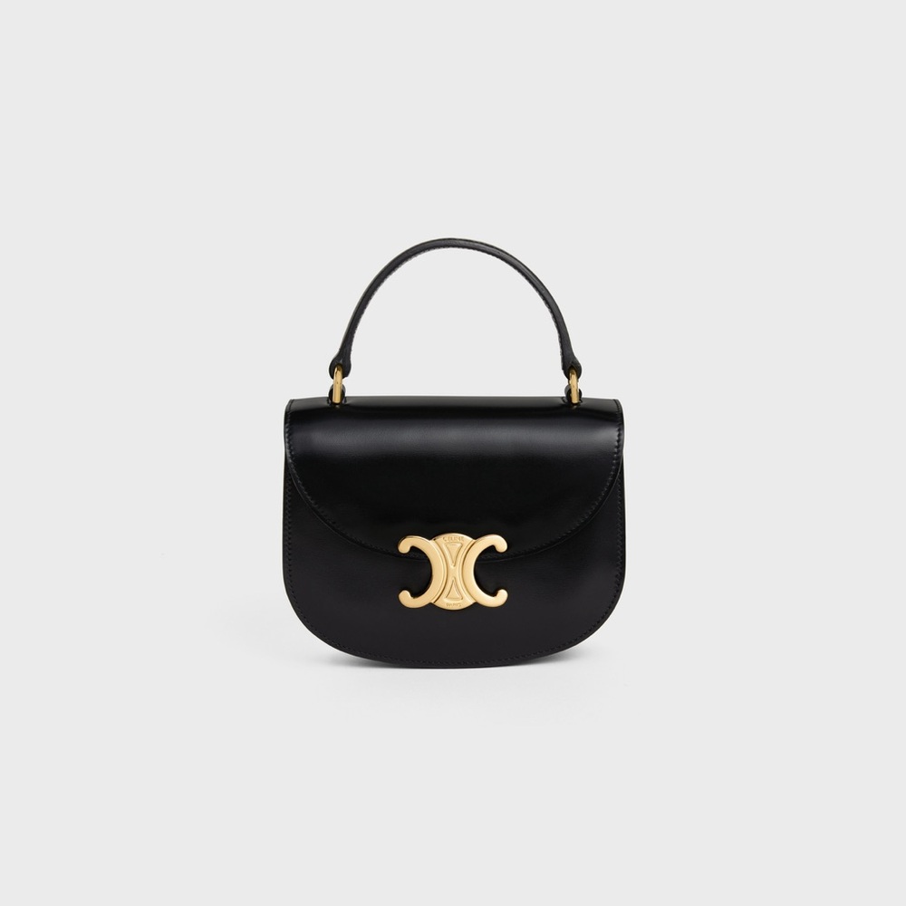 Celine Black Leather Top Handle Bag with Gold Triomphe Logo
